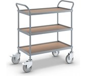 eurokraft pro Carrito de servicio, altura de los pisos 250 mm, 3 pisos, con 4 ruedas de maniobra, 2 de ellas con freno doble, Ø de las ruedas 125 mm