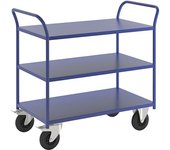 Kongamek Mesa rodante KM41, 3 pisos, L x A x H 1070 x 550 x 975 mm, azul, 2 ruedas de maniobra con freno, 2 ruedas fijas