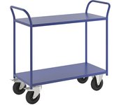 Kongamek Mesa rodante KM41, 2 pisos, L x A x H 1080 x 450 x 975 mm, azul, 2 ruedas de maniobra con freno, 2 ruedas fijas