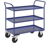 Kongamek Mesa rodante KM41, 3 pisos con remate, L x A x H 1070 x 550 x 1000 mm, azul, 2 ruedas de maniobra con freno, 2 ruedas fijas