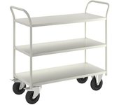 Kongamek Mesa rodante KM41, 3 pisos, L x A x H 1080 x 450 x 975 mm, blanca, 2 ruedas de maniobra con freno, 2 ruedas fijas