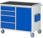 RAU Bancos de trabajo compactos, rodantes, 4 cajones, 1 puerta, bandeja metálica con estera de goma, gris luminoso / azul genciana