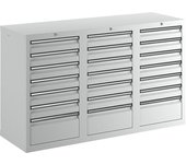 kaiserkraft Cajonera, H x A x P 900 x 1500 x 500 mm, 18 cajones de 100 mm de altura y 3 cajones de 200 mm, cuerpo y cajones en gris
