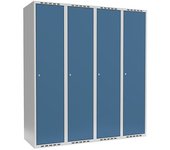 kaiserkraft Taquilla Fydor, 4 secciones, gris luminoso / azul brillante, A 1200 mm, 4 compartimentos, techo plano, cerradura de cilindro