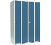 kaiserkraft Taquilla Fydor, 4 secciones, gris luminoso / azul brillante, A 1200 mm, 4 compartimentos, techo plano, candado