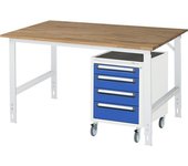 kaiserkraft Mesa de trabajo con cajonera, buck rodante con 4 cajones 1 x 90, 2 x 120, 1 x 140 mm, A x P 1500 x 800 mm, tablero de madera maciza de