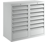 kaiserkraft Cajonera, H x A x P 900 x 1000 x 500 mm, 12 cajones de 100 mm de altura, 2 cajones de 200 mm de altura, cuerpo y cajones en gris