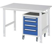 kaiserkraft Mesa de trabajo con cajonera, buck rodante con 4 cajones 1 x 90, 2 x 120, 1 x 140 mm, A x P 1250 x 800 mm, tablero de melamina, grosor 22