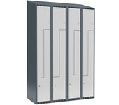 kaiserkraft Taquilla en Z Fydor, 4 secciones, gris azulado / gris luminoso, A 1200 mm, 4 compartimentos, techo inclinado, candado