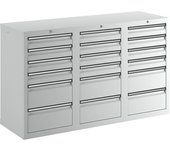 kaiserkraft Cajonera, H x A x P 900 x 1500 x 500 mm, 12 cajones de 100 mm de altura y 6 cajones de 200 mm, cuerpo y cajones en gris