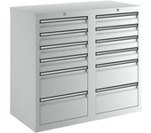 kaiserkraft Cajonera, H x A x P 900 x 1000 x 500 mm, 8 cajones de 100 mm de altura y 4 cajones de 200 mm, cuerpo y cajones en gris