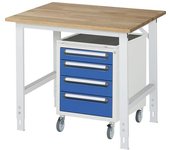 kaiserkraft Mesa de trabajo con cajonera, buck rodante con 4 cajones 1 x 90, 2 x 120, 1 x 140 mm, A x P 1000 x 800 mm, tablero de madera maciza de