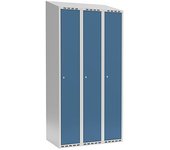 kaiserkraft Taquilla Fydor, 3 secciones, gris luminoso / azul brillante, A 900 mm, 3 compartimentos, techo inclinado, cerradura de cilindro