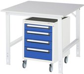 kaiserkraft Mesa de trabajo con cajonera, buck rodante con 4 cajones 1 x 90, 2 x 120, 1 x 140 mm, A x P 1000 x 1000 mm, tablero de melamina, grosor 22