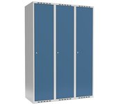 kaiserkraft Taquilla Fydor, 3 secciones, gris luminoso / azul brillante, A 1200 mm, 3 compartimentos, techo plano, cerradura de cilindro