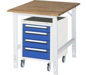 kaiserkraft Mesa de trabajo con cajonera, buck rodante con 4 cajones 1 x 90, 2 x 120, 1 x 140 mm, A x P 750 x 1000 mm, tablero de madera maciza de