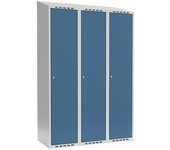 kaiserkraft Taquilla Fydor, 3 secciones, gris luminoso / azul brillante, A 1200 mm, 3 compartimentos, techo inclinado, cerradura de cilindro