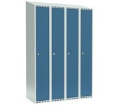 kaiserkraft Taquilla Fydor, 4 secciones, gris luminoso / azul brillante, A 1200 mm, 4 compartimentos, techo inclinado, candado