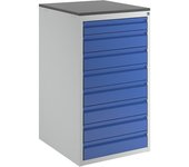 RAU Cajonera con guías telescópicas, altura 1030 mm, cajones: 1 x 90, 7 x 120 mm, gris luminoso / azul genciana, anchura 580 mm