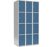 kaiserkraft Armario de 4 compartimentos Fydor, 3 secciones, gris luminoso / azul brillante, A 900 mm, 3 compartimentos, techo plano, cerradura de