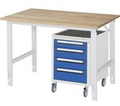 kaiserkraft Mesa de trabajo con cajonera, buck rodante con 4 cajones 1 x 90, 2 x 120, 1 x 140 mm, A x P 1250 x 800 mm, tablero de madera maciza de
