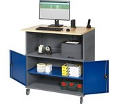 RAU Mesa para PC, con balda continua, con juego de ruedas, antracita metálico / azul genciana RAL 5010