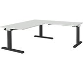 mauser Escritorio, acoplado, altura 650 - 850 mm, con mesa adicional en ángulo, A x P 1600 x 800 mm, gris luminoso/gris antracita, mesa adicional en