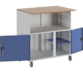 RAU Mesa para PC, con pared medianera, con juego de ruedas, gris luminoso RAL 7035 / azul genciana RAL 5010