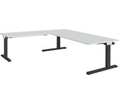mauser Escritorio, acoplado, altura 650 - 850 mm, con mesa adicional en ángulo, A x P 2000 x 900 mm, gris luminoso/gris antracita, mesa adicional en