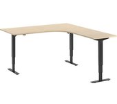 kaiserkraft Escritorio Atlanta, de altura regulable eléctricamente, en forma de L, A x P 1800 x 2000 mm, abedul/negro, a la derecha