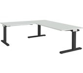 mauser Escritorio, acoplado, altura 650 - 850 mm, con mesa adicional en ángulo, A x P 1800 x 800 mm, gris luminoso/gris antracita, mesa adicional en