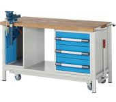 eurokraft pro Banco de trabajo móvil y descendible, construcción de bastidor Serie 8000, 3 cajones, tornillo de banco abatible, A x P 1500 x 700 mm