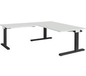 mauser Escritorio, acoplado, altura 650 - 850 mm, con mesa adicional en ángulo, A x P 1600 x 900 mm, gris luminoso/gris antracita, mesa adicional en