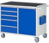 RAU Bancos de trabajo compactos, rodantes, 5 cajones, 1 puerta, bandeja metálica con estera de goma, gris luminoso / azul genciana