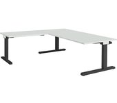 mauser Escritorio, acoplado, altura 650 - 850 mm, con mesa adicional en ángulo, A x P 1800 x 900 mm, gris luminoso/gris antracita, mesa adicional en
