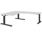 mauser Escritorio, acoplado, altura 650 - 850 mm, con mesa adicional en ángulo, A x P 1600 x 900 mm, gris luminoso/gris antracita, mesa adicional en