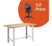 kaiserkraft Oferta: banco de trabajo incl. silla giratoria de trabajo a mitad de precio, H x A x P 850 - 900 x 1500 x 700 mm, tablero multiplex