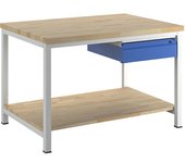 RAU Banco de trabajo, bastidor modular, 1 cajón de tamaño L, 1 repisa de haya maciza, profundidad 900 mm, anchura 1250 mm