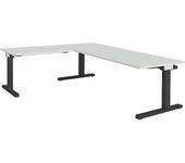 mauser Escritorio, acoplado, altura 650 - 850 mm, con mesa adicional en ángulo, A x P 2000 x 800 mm, gris luminoso/gris antracita, mesa adicional en