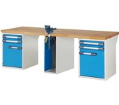 eurokraft pro Banco de trabajo, sistema modular Serie 7000, 4 cajones, 2 puertas, 1 tornillo de banco en el centro, A x P 2500 x 900 mm