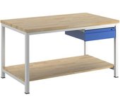 RAU Banco de trabajo, bastidor modular, 1 cajón de tamaño L, 1 repisa de haya maciza, profundidad 900 mm, anchura 1500 mm