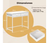 Costway Escritorio Compacto con 2 Cajones de Tela 4 Ganchos Colgantes y Estructura de Metal 90 x 45 x 75 cm Blanco