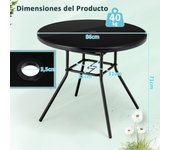 Costway Mesa de Comedor para Patio de 86 cm Mesa Redonda de Vidrio Templado con Agujero para Sombrilla de 3,5 cm Estructura Metálica Negro