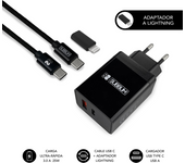 SUBBLIM CARGADOR ULTRA RAPIDO 2xUSB DE PARED PD25W+QC3.0+Cable C to C y lightning Negro