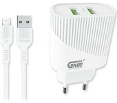 GMR CH-2501 Premium Cargador Dual Compatible con iPhone y Cable Hecho para Lightning 5V 2.4A 12W, Cargador USB de Pared con 2 Puertos, Cargador Móvil Rápido, para i Phone Xr/Xs/X/8Plus/8, i Pad
