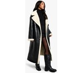 boohoo Abrigo Maxi De Aviador Con Ribete De Borreguito, Negro 40