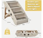Costway Escalera de Plástico Plegable para Mascotas con 4 Peldaños para Interior y Exterior con Fieltro Blando Beige 62,5 x 38 x 49 cm