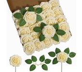 DuHouse 50Pcs Artificial Roses Flowers Fake Roses with Stems Real Touch Foam Flowers for DIY Wedding Bouquet Baby Shower Centerpiece Floral Arrangement Party Home Decor(White)
