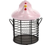 Metal Wire Egg Basket Chicken Shape Wire Fruit Basket with Ceramic Lid And Handle Egg Holder Display Organizer for Farmhouse Kitchen，Pink