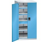 LISTA Cajonera con puertas batientes, altura 1450 mm, 2 baldas, 3 cajones, carga máx. 75 kg, gris luminoso / azul luminoso
